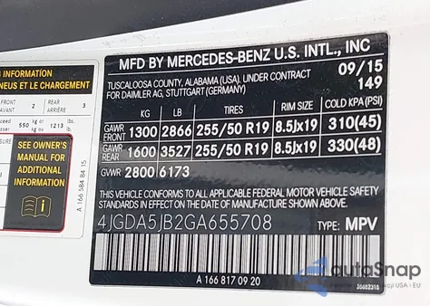2016 Mercedes-Benz Gle 350 from USA, damaged, VIN 4JGDA5JB2GA655708